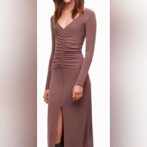 Wilfred Aveyron Dress in Red Midi V-Neck Long Sleeves Ruched Cocktail Size XXS